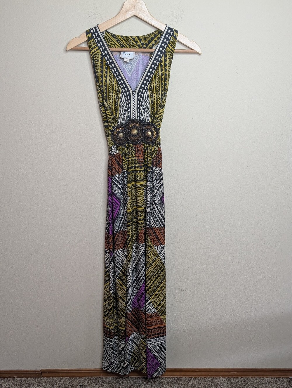 ECI New York Tribal Print Beaded Empire Waist Maxi Dress Size 4